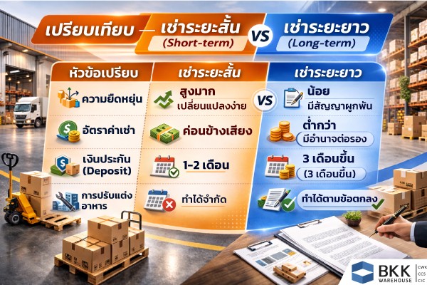 เปรียบเทียบการเช่าโกดังแบบระยะสั้นและระยะยาว แสดงความแตกต่างด้านความยืดหยุ่น อัตราค่าเช่า เงินประกัน และการปรับแต่งพื้นที่ เหมาะสำหรับผู้ที่มองหา สัญญาเช่าโกดัง บางนา-ตราด, ตัวเลือก เช่าคลังสินค้าชั่วคราว และข้อมูล ข้อดีเช่าโกดังระยะยาว เพื่อประกอบการตัดสินใจธุรกิจโลจิสติกส์และคลังสินค้า