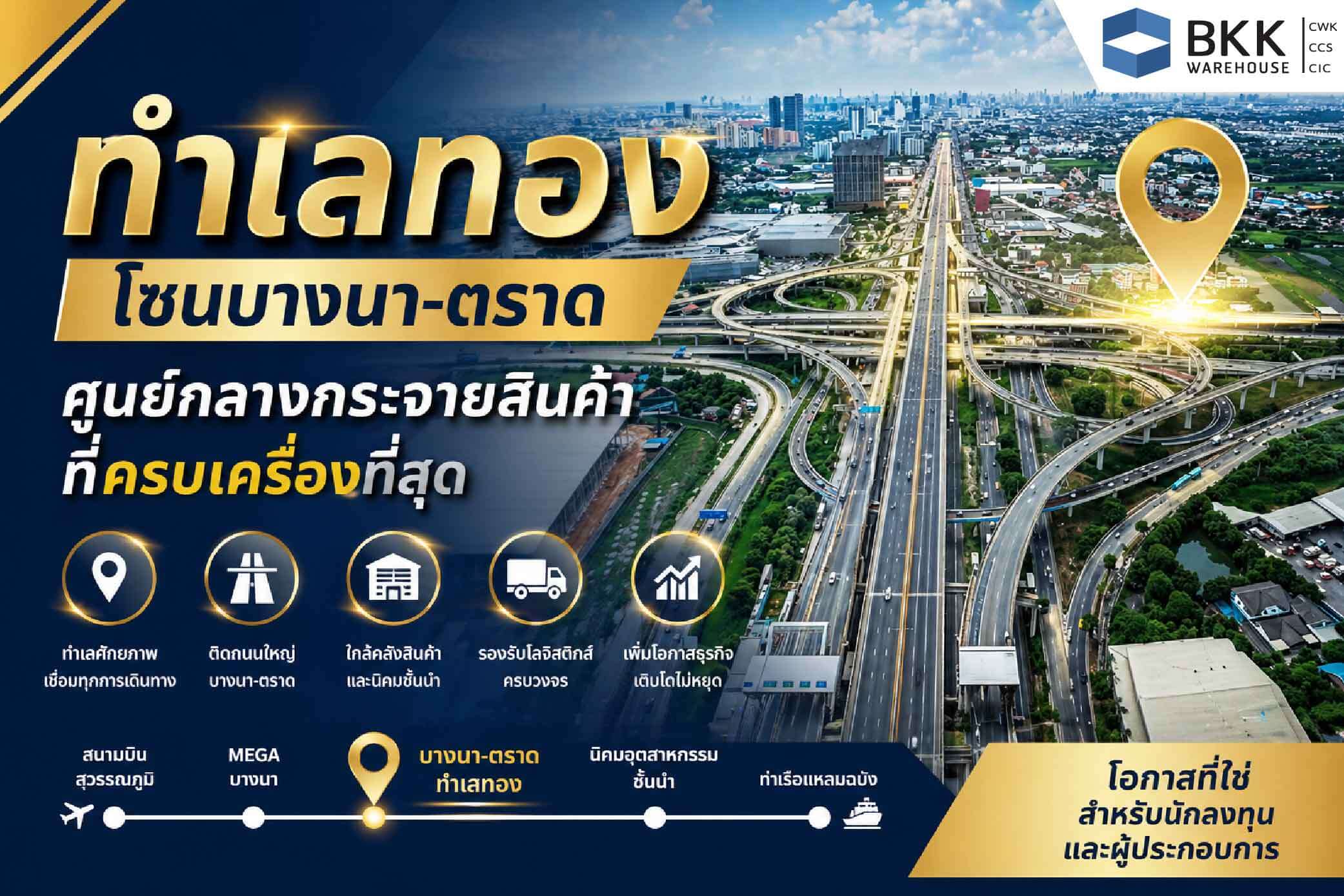 ภาพมุมสูงทางด่วนและโครงข่ายถนนขนาดใหญ่ในโซนบางนา-ตราด แสดงศักยภาพทำเลทองสำหรับศูนย์กระจายสินค้า บางนา-ตราด ที่เชื่อมต่อโลจิสติกส์ครบวงจร ใกล้สนามบินสุวรรณภูมิ นิคมอุตสาหกรรม และท่าเรือ เหมาะสำหรับนักลงทุนและธุรกิจขนส่ง